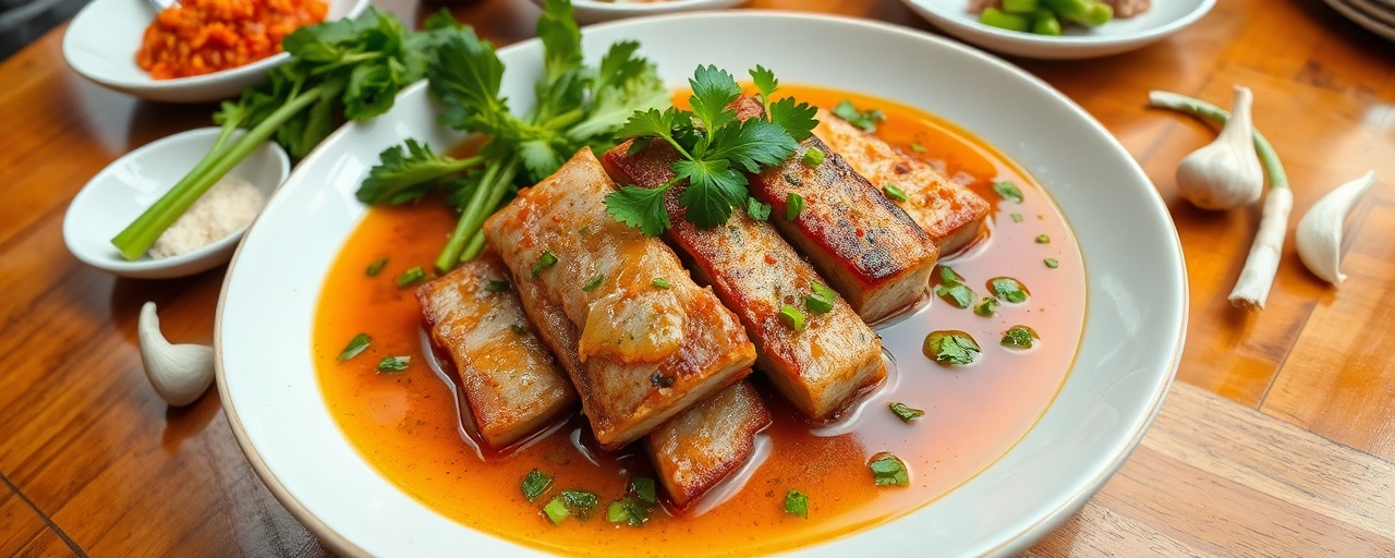 Neung Moo Sam Chan Manao (Steamed Pork Belly with Spicy Lime Dressing)