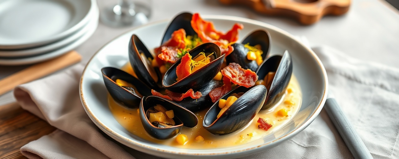 New England Saffron-Steamed Mussels with Creamed Corn & Bacon