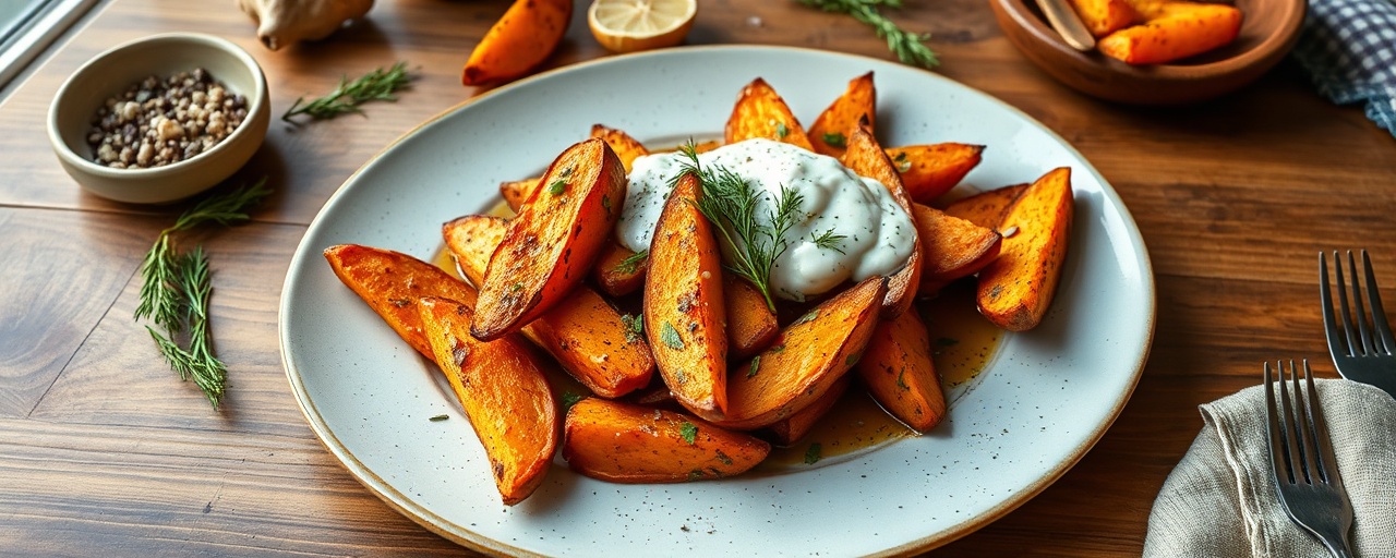 Nordic Tandoor-Style Sweet Potato Wedges with Dill Skadi Sauce