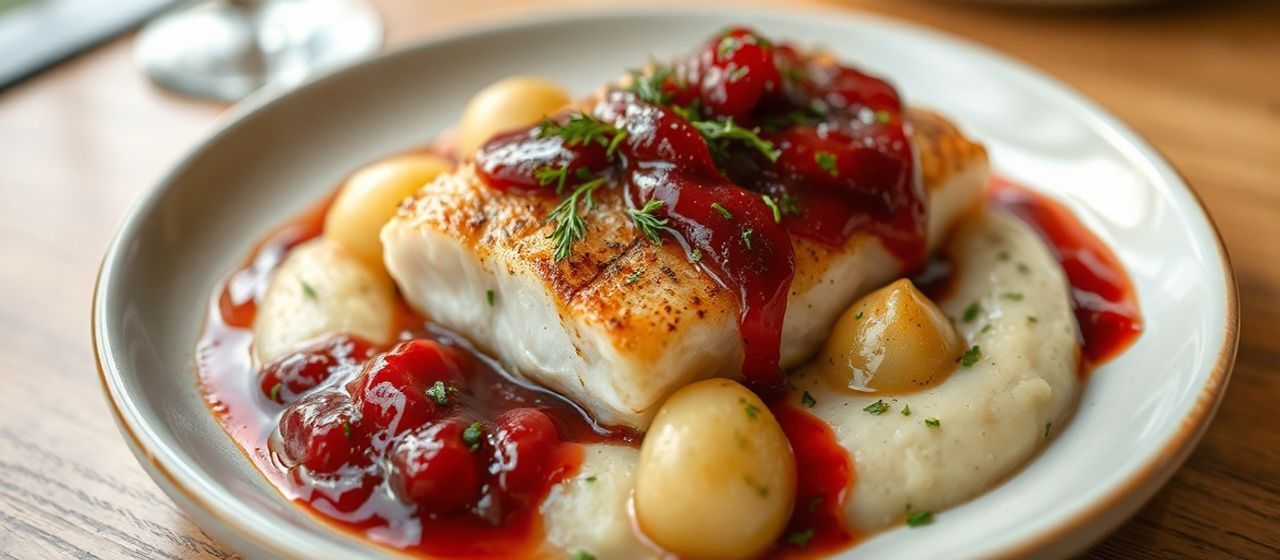 Pan-Seared Arctic Char with Dill-Infused Potato Puree and Lingonberry Glaze