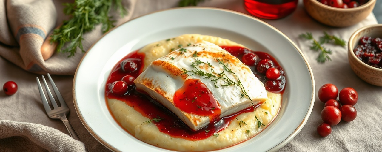 Pan-Seared Arctic Char with Dill-Infused Potato Puree and Lingonberry Glaze