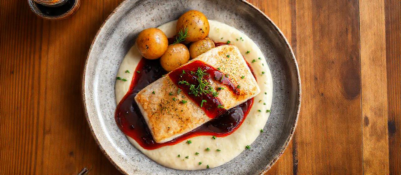 Pan-Seared Arctic Char with Dill-Infused Potato Puree and Lingonberry Glaze