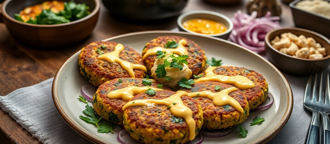 Pan-Seared Chickpea and Spinach Patties with Tangy Tahini-Tamarind Drizzle
