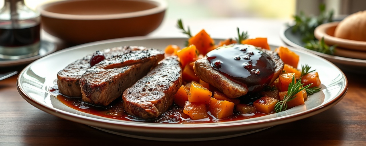 Pan-Seared Duck Breast with Cherry Glaze and Sweet Potato Hash