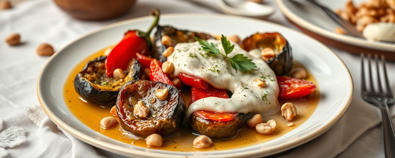 Pan-Seared Eggplant and Bell Pepper with Tahini-Walnut Sauce