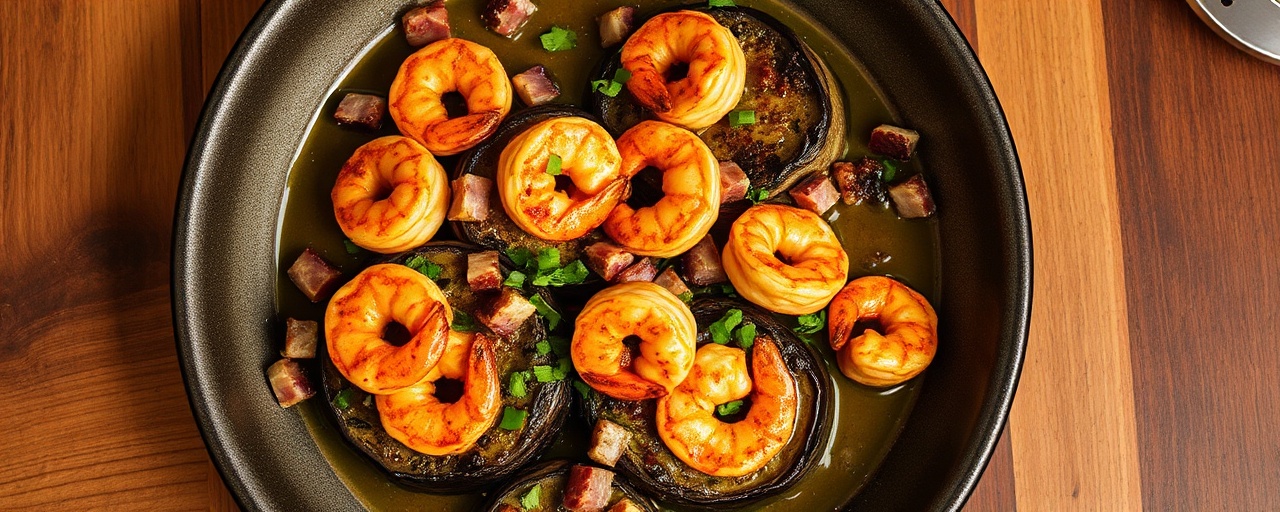 Pan-Seared Eggplant with Spicy Cajun Shrimp and Tasso Ham