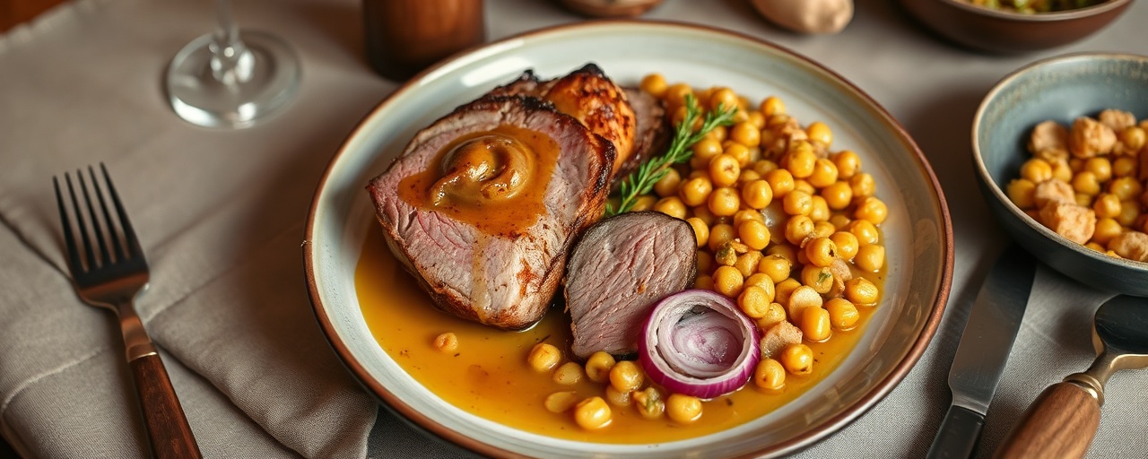 Pan-Seared Gressingham Duck Breast with Heather Honey Whisky Glaze and Neep & Chickpea Skillet