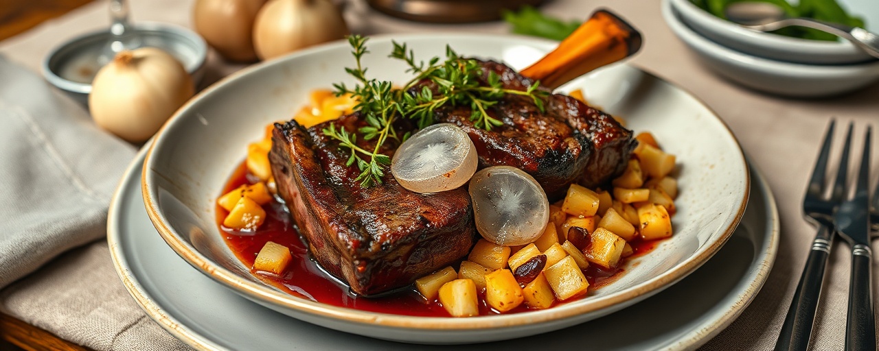 Pan-Seared Nordic Short Ribs with Lingonberry-Thyme Glaze and Root Vegetable Mash