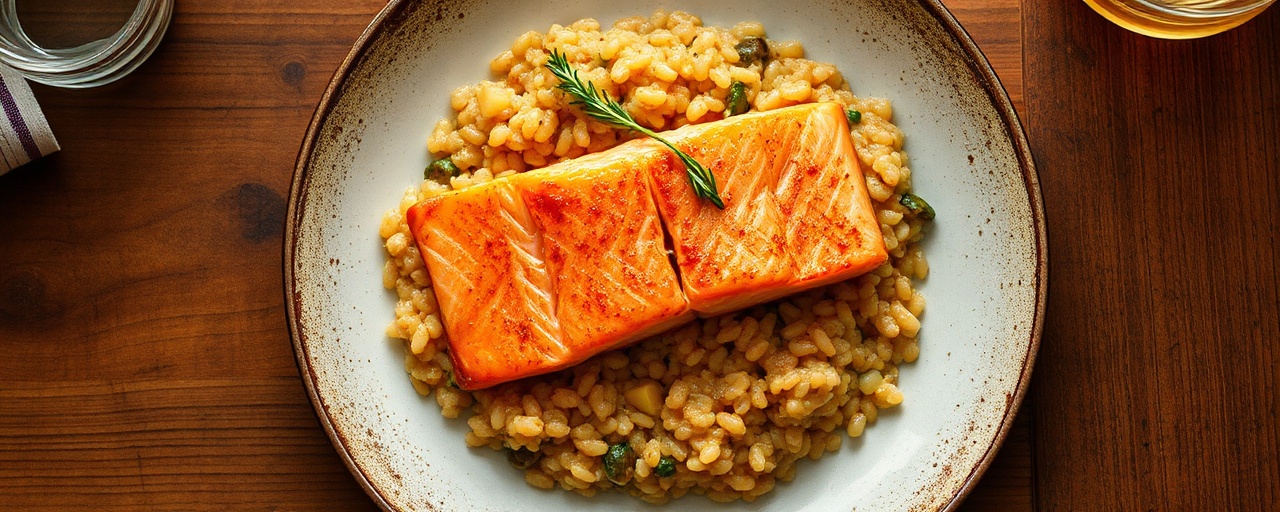Pan-Seared Scottish Salmon with Saffron Barley Risotto and Whisky Glaze