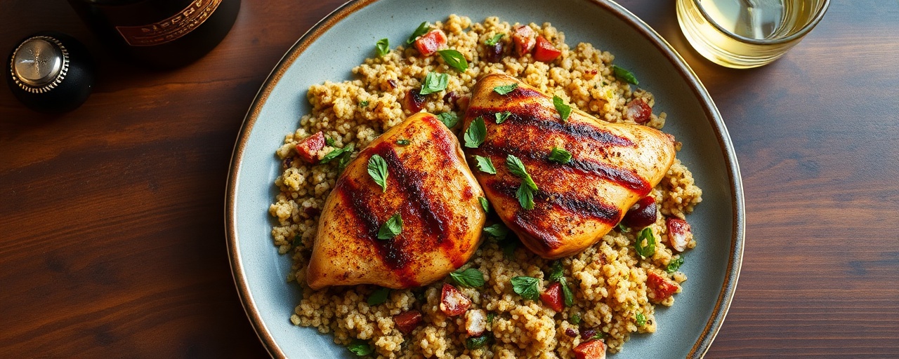 Pan-Seared Sumac Chicken with Star Anise and Fig Glaze, served with Tabbouleh-Style Quinoa