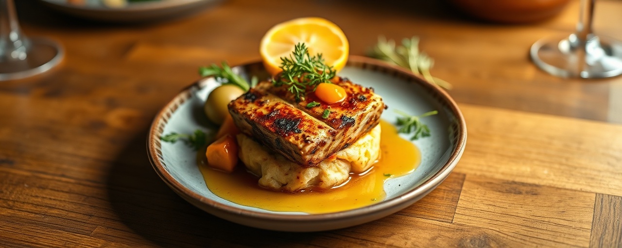 Pan-Seared Tempeh with Whisky-Heather Glaze, Neeps, and Tatties