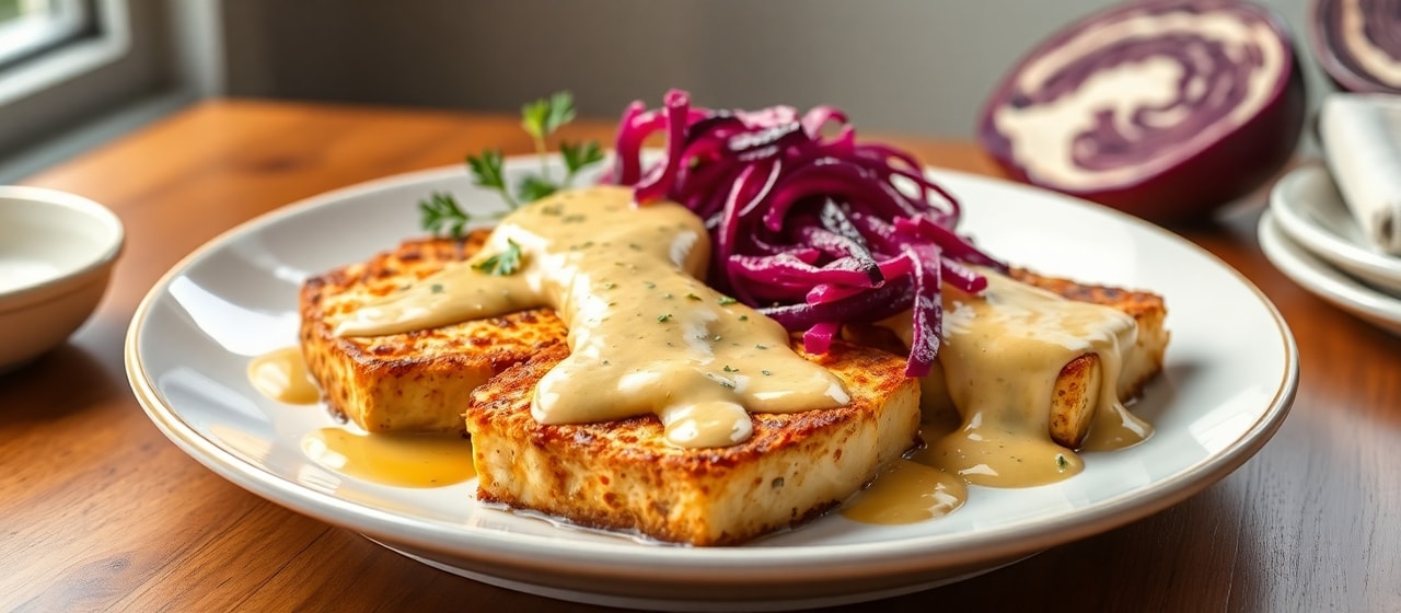 Pan-Seared Tofu Steaks with Creamy German Mustard-Dill Sauce and Sweet & Sour Red Cabbage