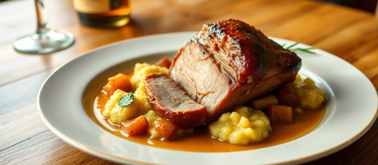 Pan-Seared Whisky-Glazed Pork Belly with Neep & Tattie Mash
