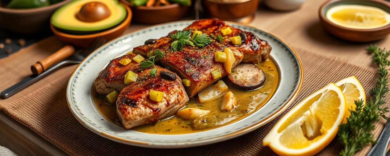 Panceta Asada Colombiana con Mojo Cítrico y Aji de Aguacate