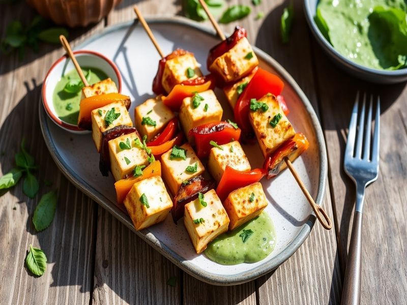 Paneer and Bell Pepper Tikka Skewers with Fresh Mint Chutney