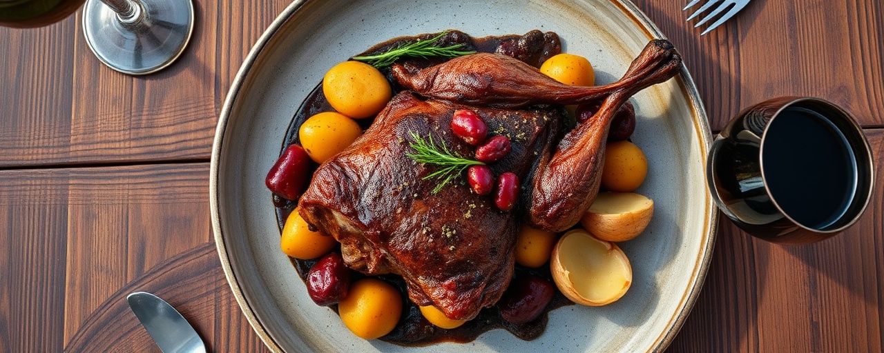 Pato Asado al Malbec con Batatas y Hierbas