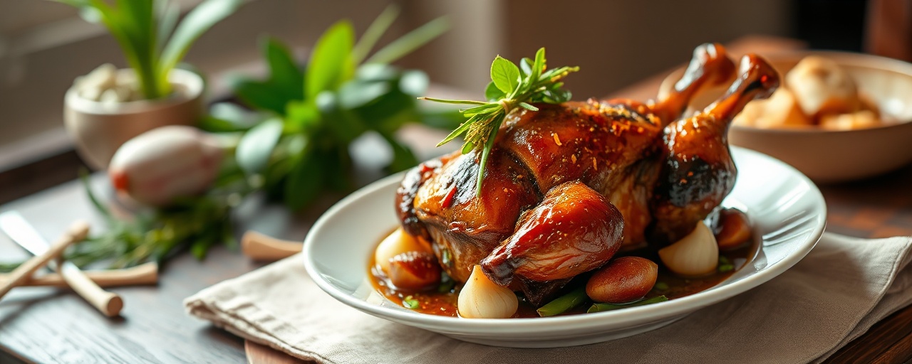 Ped Yang Khon Fai Daeng (Fire-Roasted Duck with Aromatic Herb Dressing)