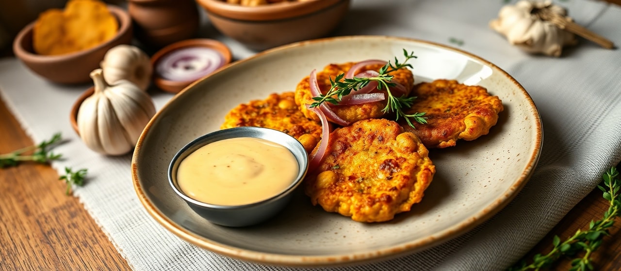 Peruvian Chickpea Fritters with Spicy Aji Amarillo Cream Sauce