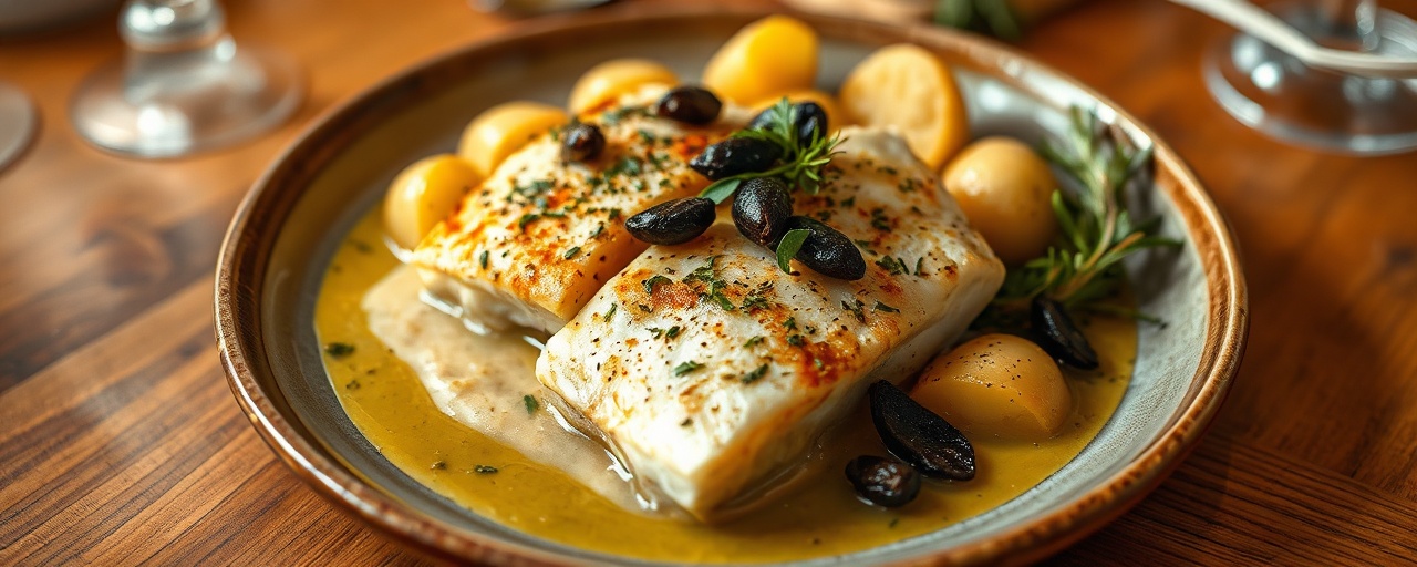 Pescada Pan-Seared com Puré de Alho Negro e Molho de Vinho Branco e Coentros