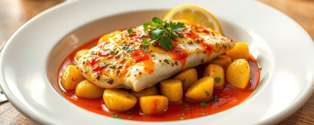 Pescado a la Brasa con Harissa Peruana y Papas Nativas