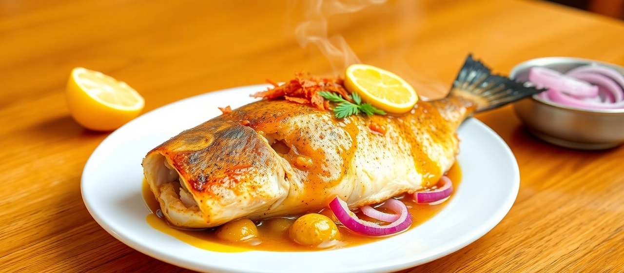 Pescado Asado con Salsa de Limón Preservado y Ají