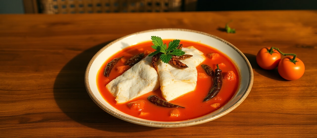 Pescado Blanco Pochado en Caldo Rojo Aromático con Toque de Galangal