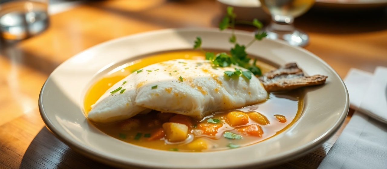 Pescado Pochado con Caldo de Miso y Puré de Ají Amarillo