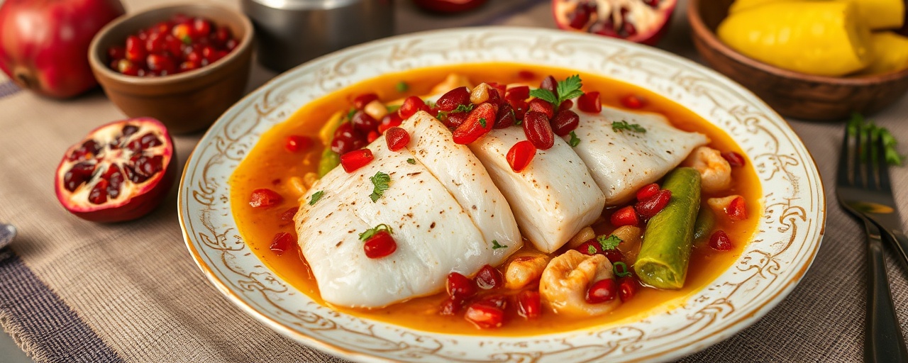 Pescado Pochado con Granadas y Ají Amarillo