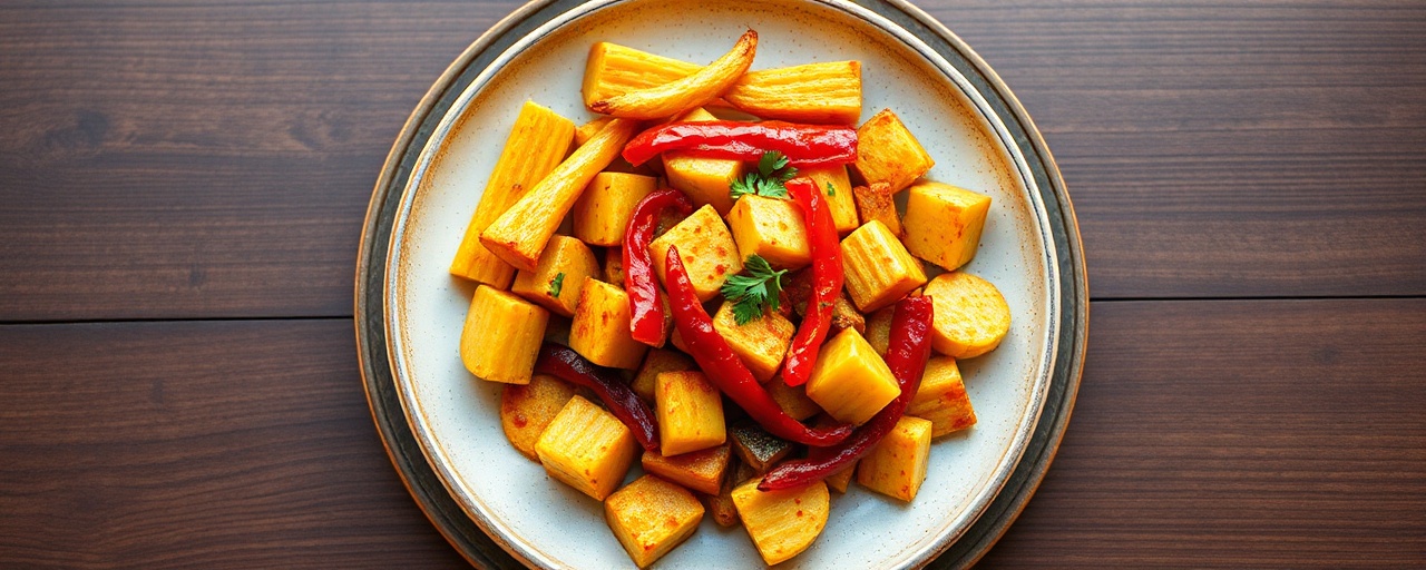 Plátano y Yucca Asados con Ají Harissa