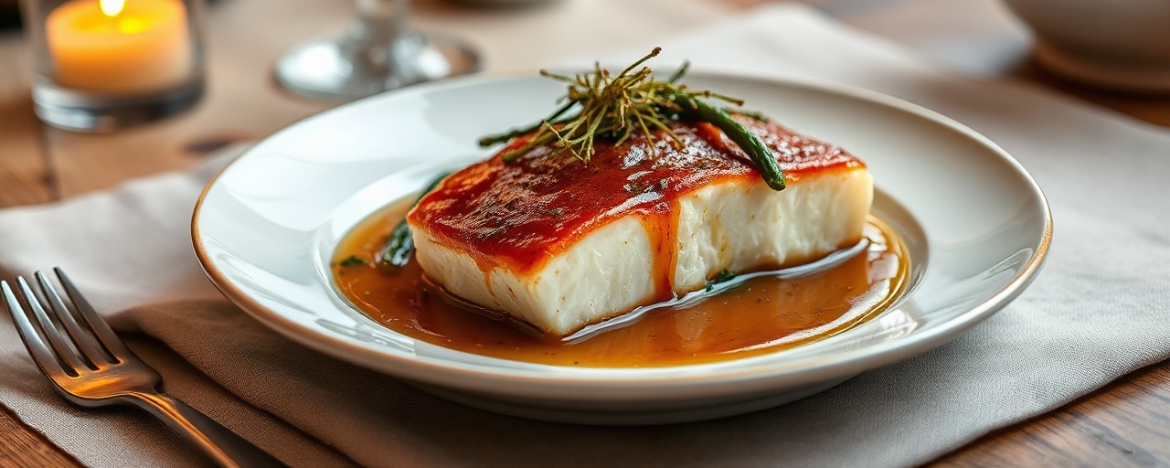 Poached American Cod with Tamarind-Maple Glaze and Braised Greens