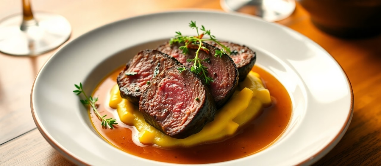 Poached Black Garlic Beef Tenderloin with Creamed Corn Puree