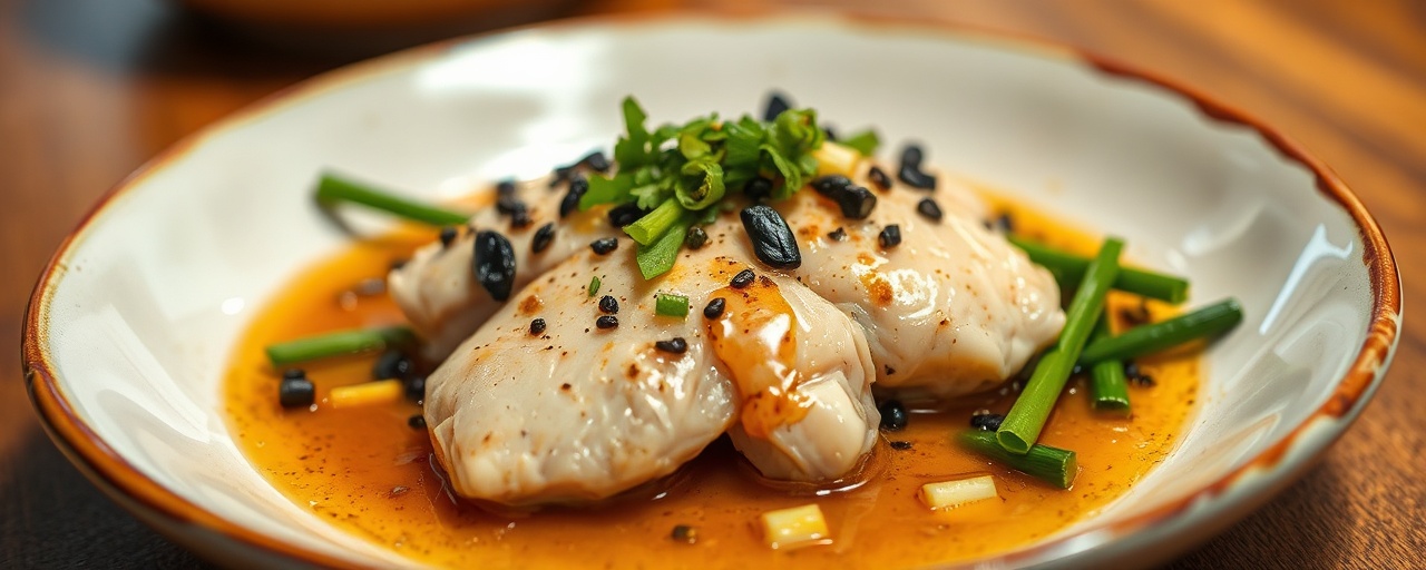 Poached Chicken with Black Garlic & Ginger Dressing
