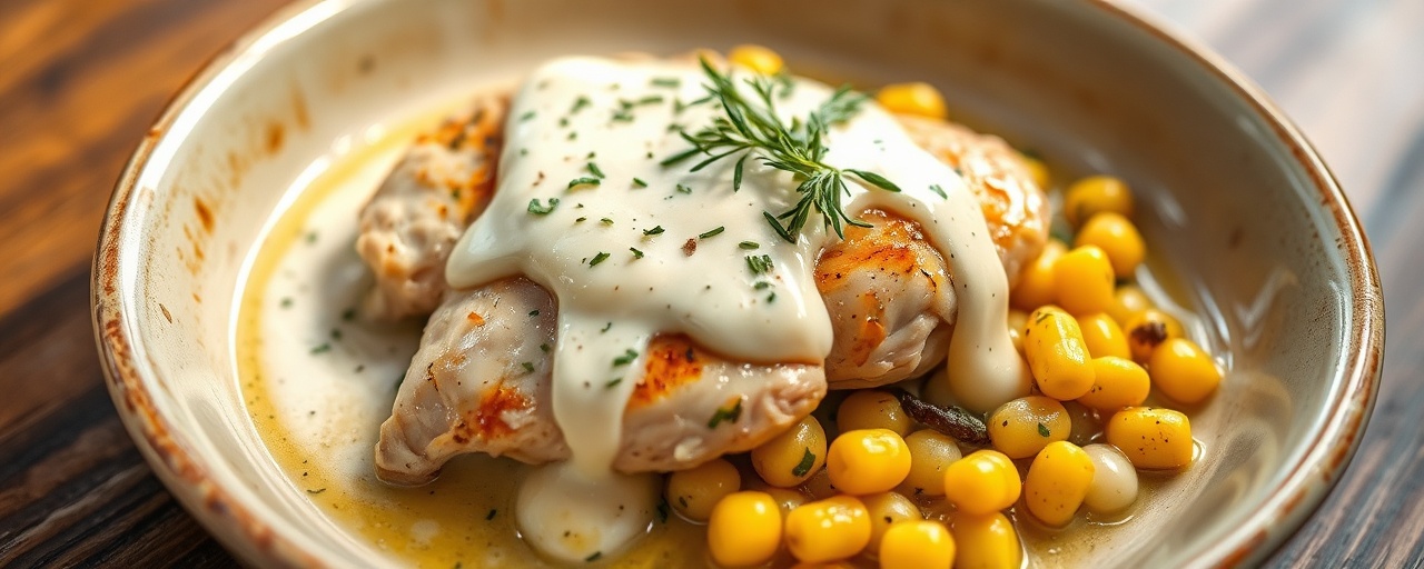 Poached Chicken with Creamy Tahini-Dill Sauce and Roasted Corn Succotash