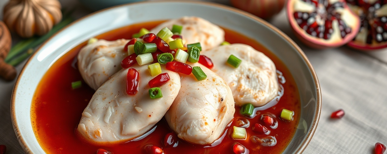 Poached Chicken with Pomegranate Ginger-Scallion Sauce