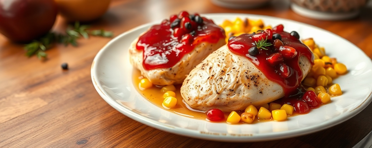Poached Chicken with Pomegranate Glaze and Corn Salad