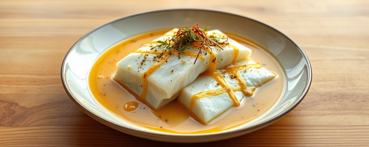 Poached Cod with Saffron-Lemongrass Broth and Herbed Tahini Drizzle