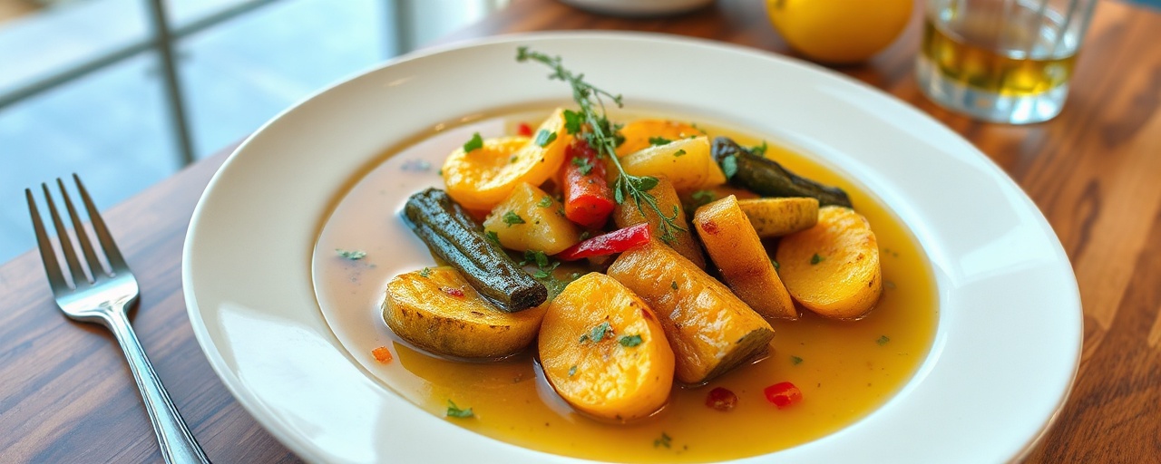 Poached Green Plantain with Mediterranean Lemon-Herb Broth