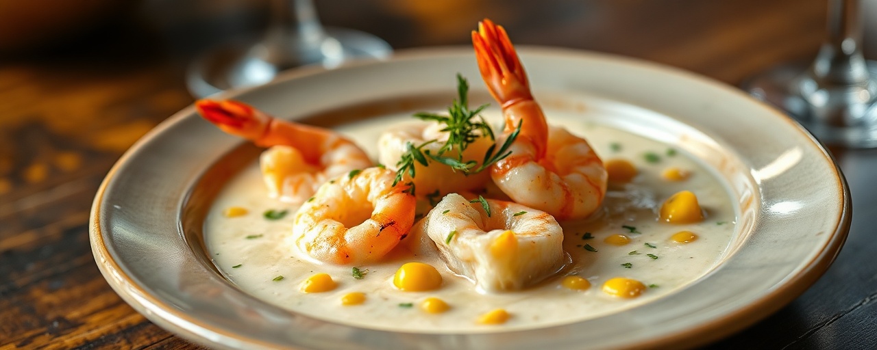 Poached Gulf Shrimp and Cod in Creamy Coconut Corn Chowder