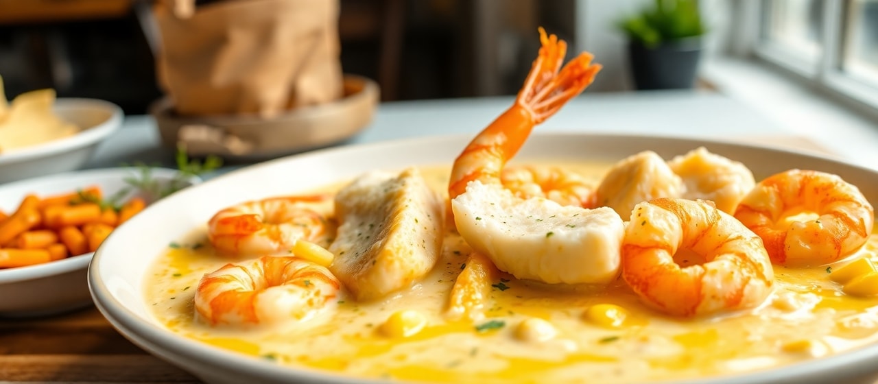 Poached Gulf Shrimp and Cod in Creamy Coconut Corn Chowder