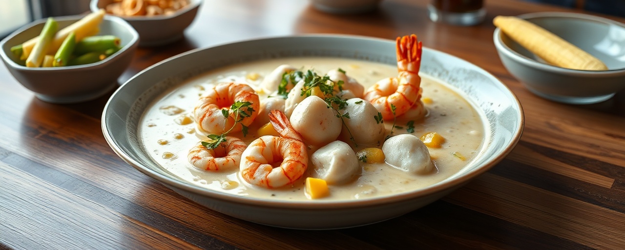 Poached Gulf Shrimp and Cod in Creamy Coconut Corn Chowder