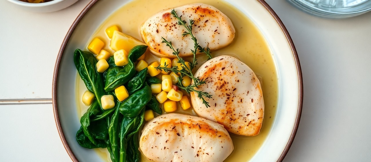 Poached Lemon-Herb Chicken with Creamed Corn and Swiss Chard