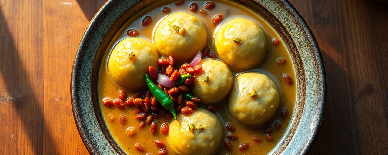 Poached Lentil and Plantain Dumplings in Cardamom Coconut Broth