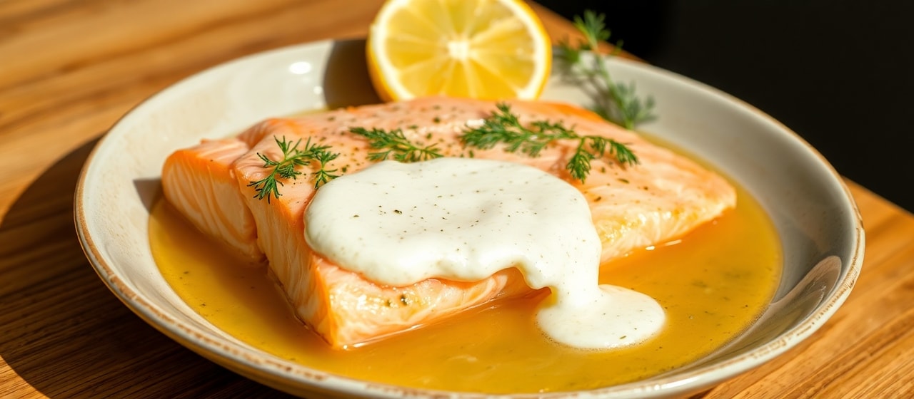 Poached Mediterranean Salmon with Lemon-Herb Tahini Sauce