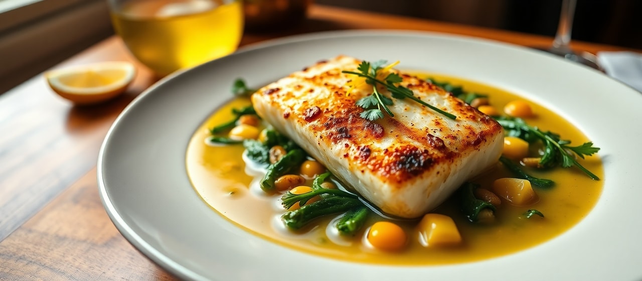 Poached Mediterranean Sea Bass with Saffron-Lemon Broth and Greens