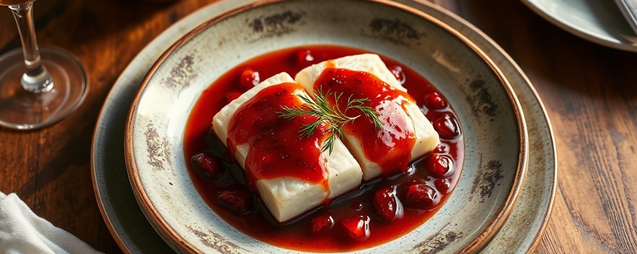 Poached Nordic Cod with Pomegranate-Lingonberry Glaze