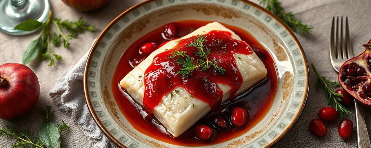 Poached Nordic Cod with Pomegranate-Lingonberry Glaze