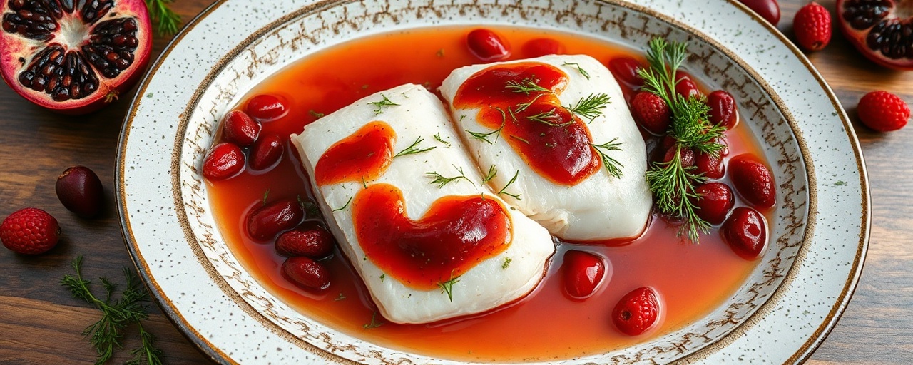 Poached Nordic Cod with Pomegranate-Lingonberry Glaze