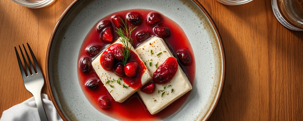 Poached Nordic Cod with Pomegranate-Lingonberry Glaze
