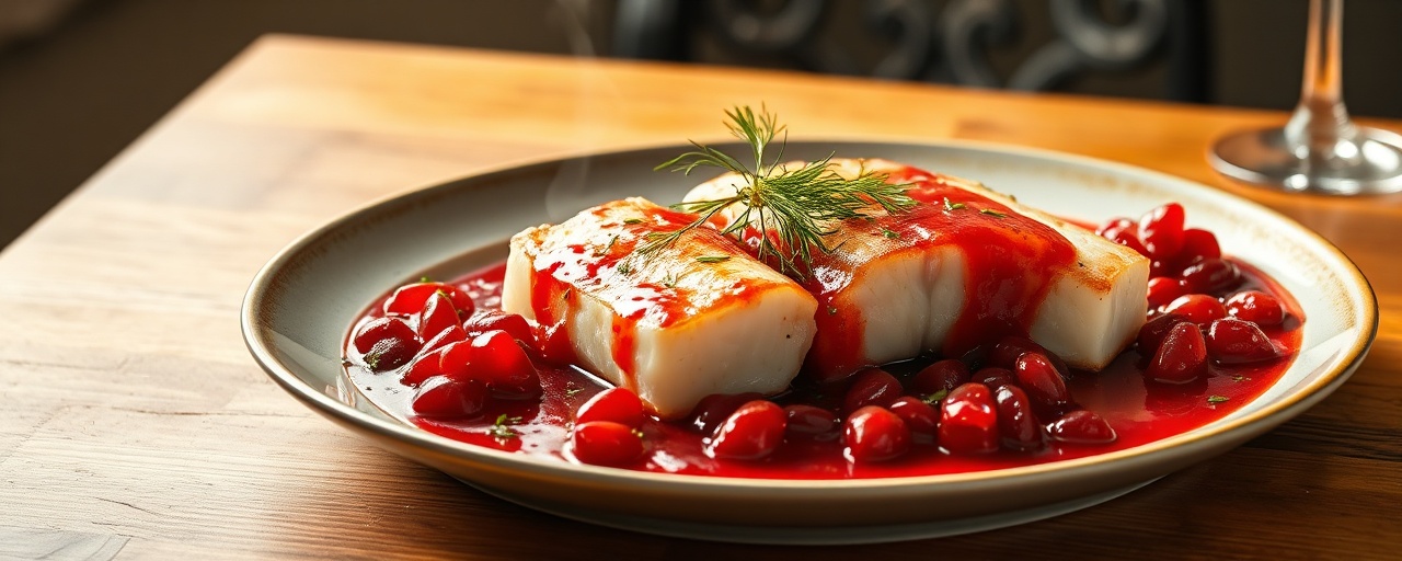 Poached Nordic Cod with Pomegranate-Lingonberry Glaze