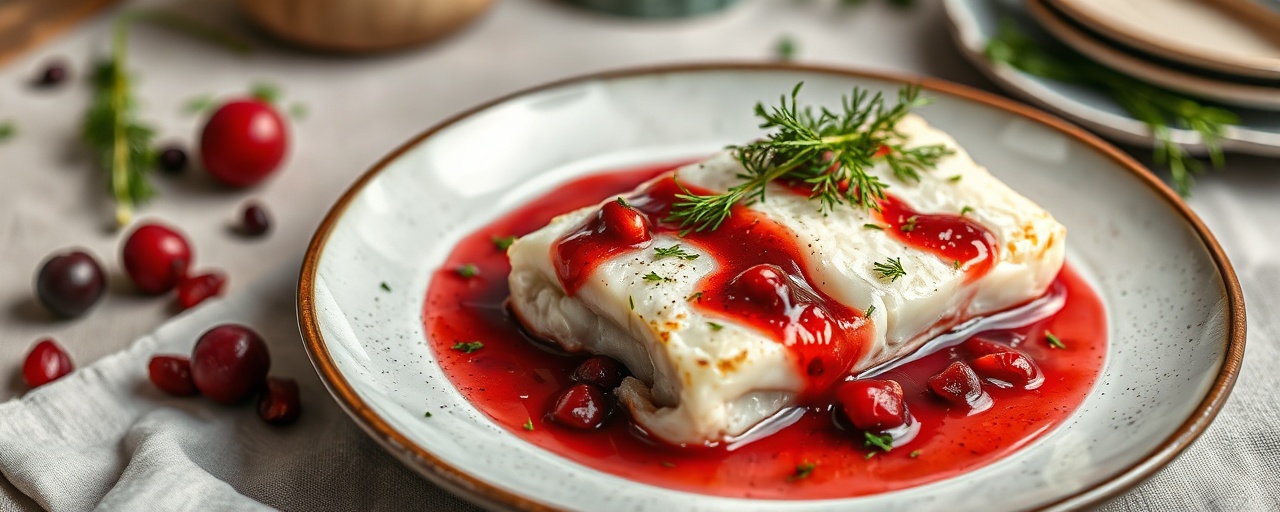 Poached Nordic Cod with Pomegranate-Lingonberry Glaze